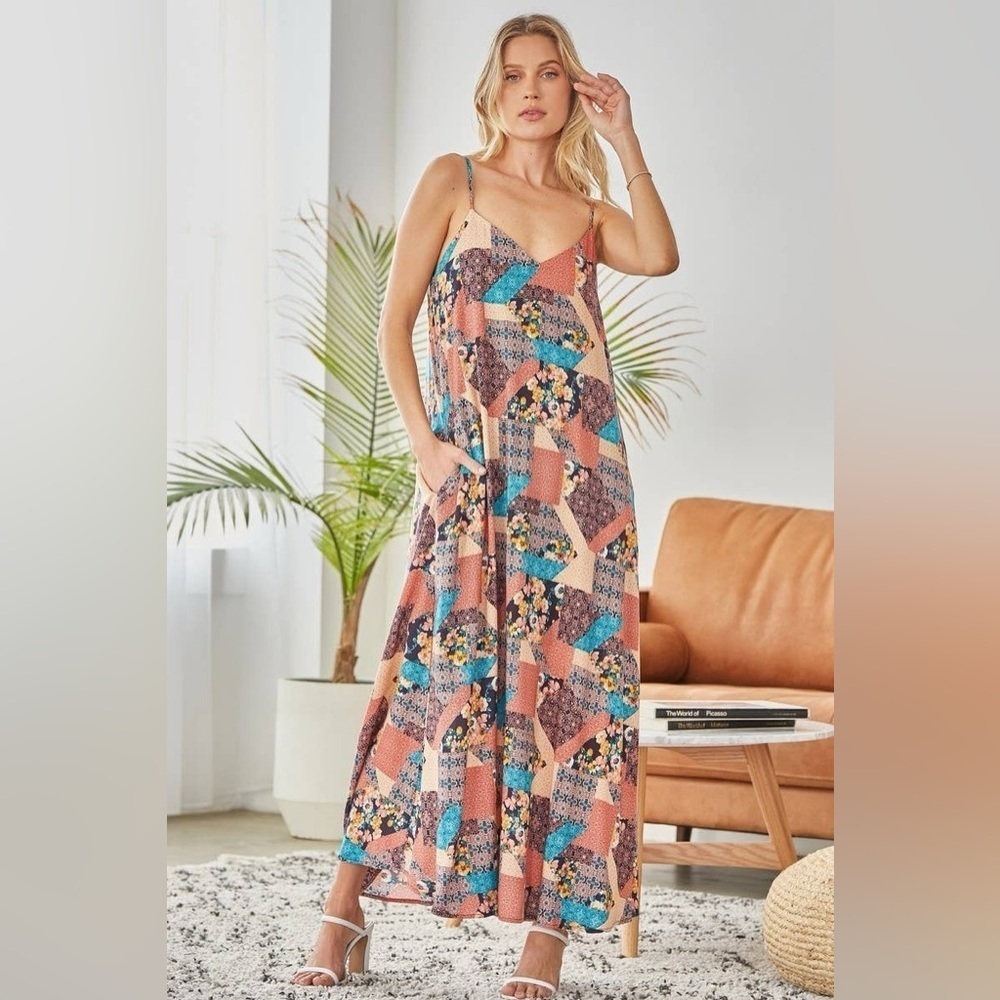 Andree by Unit V Neck Maxi Length Patchwork Boho Dress M